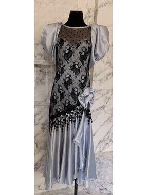 Lorrie Kabala Gray Black Lace Cocktail Dress 80s Puff Sleeve Party Dress USA 8